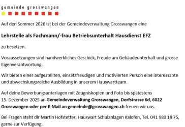 Lehrstelle Fachmann/-frau Betriebsunterhalt Hausdienst EFZ